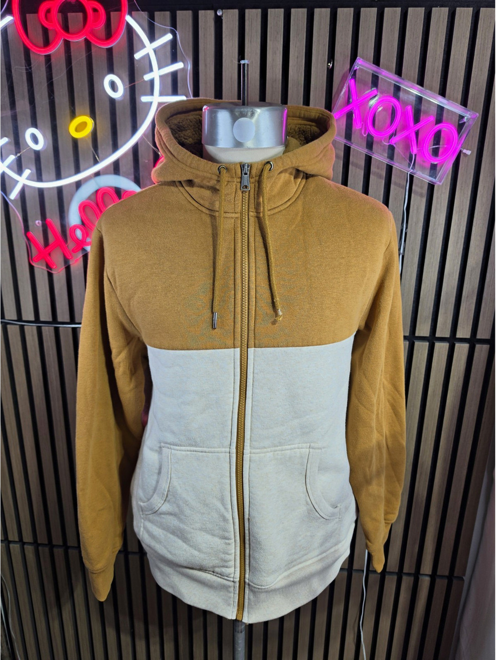 George Brown Beige Colorblock Sherpa Lined Full Zip Hoodie w/ Pockets Men's XL